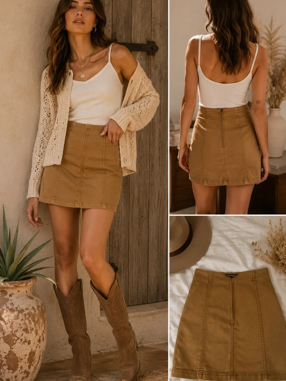 Free People Size 0 Brown Tan Denim Mini Skirt High Waist Seamed Stretch Boho